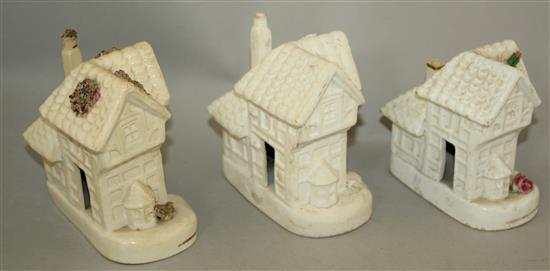 Three Staffordshire porcelain cottage pastille burners, c.1840, 12 - 14cm